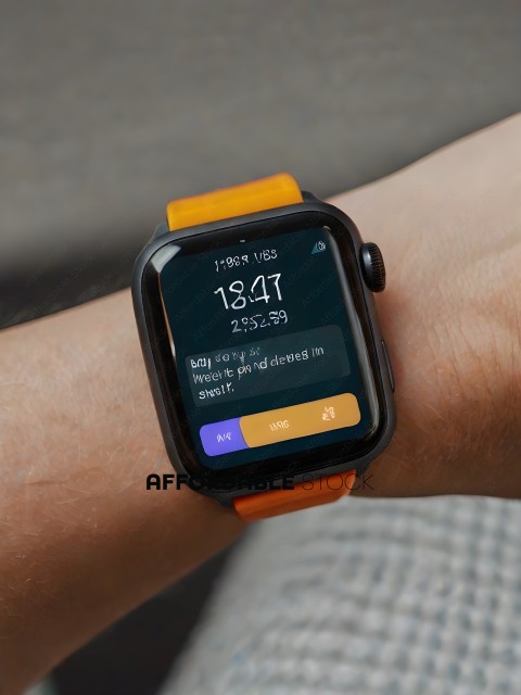 A person wearing an orange and black watch on their left wrist