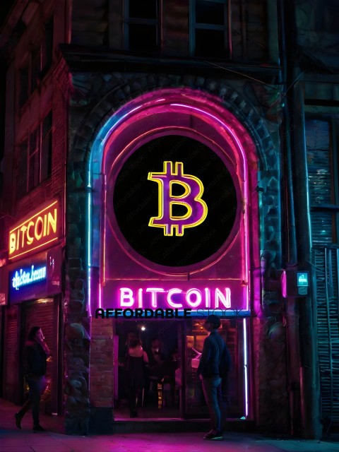 A neon sign for Bitcoin in a darkened room