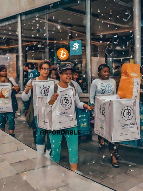 People in white bags with logos on them