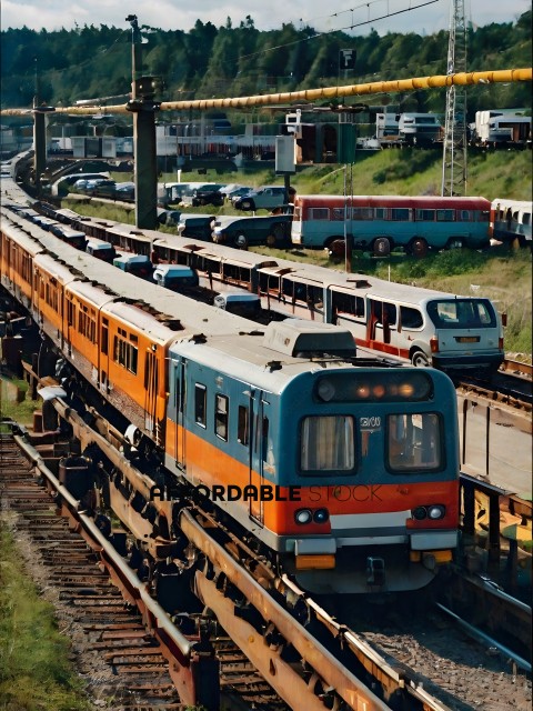A train with orange, blue, and white colors