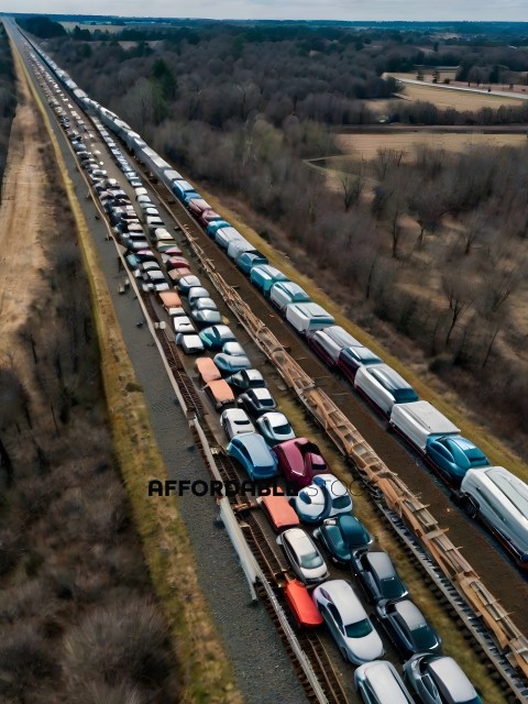 A long line of cars and trucks are parked on the side of a train track