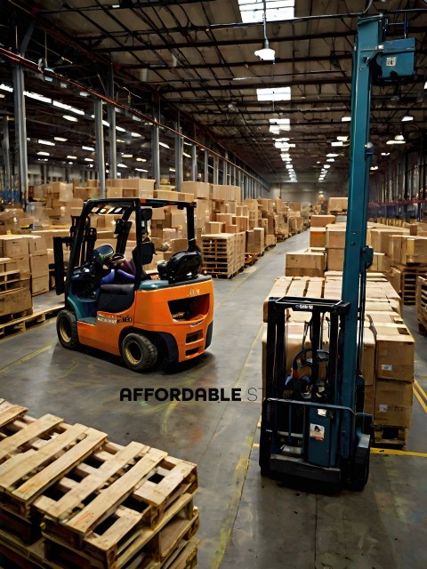 A forklift is moving pallets in a warehouse