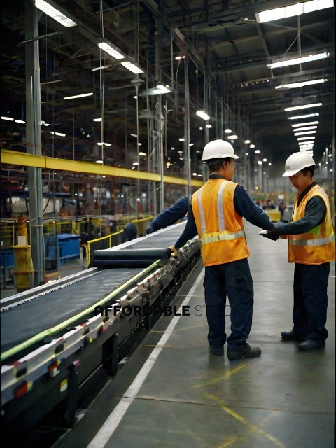 Two men in safety vests working on a conveyor belt