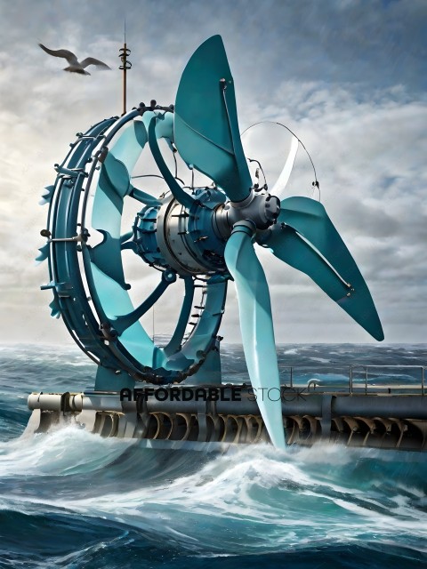 A blue wind turbine in the ocean