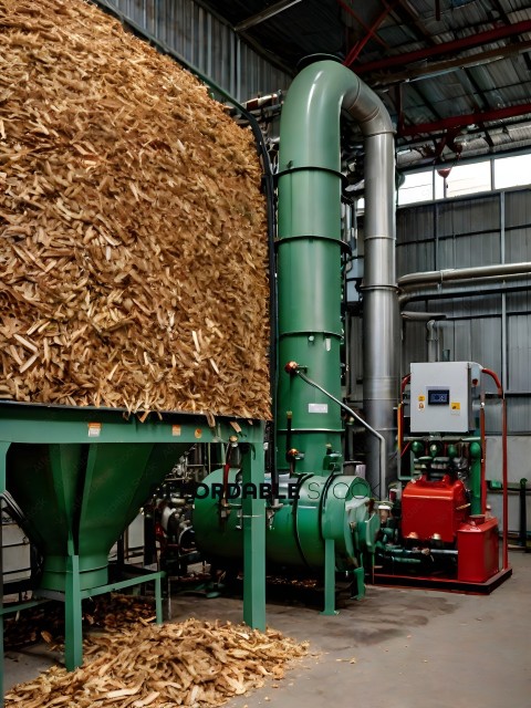 A green machine with a large pile of wood chips