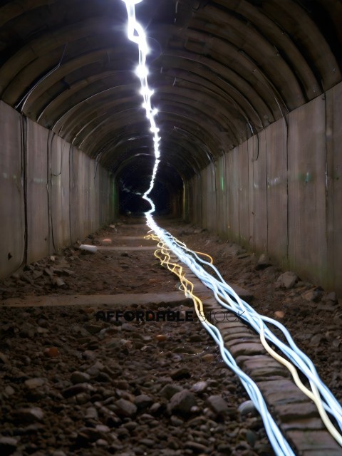 A long, thin wire is stretched across a dark tunnel