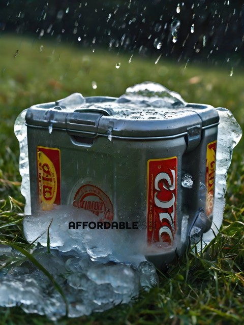 A can of Coca Cola is frozen in the grass