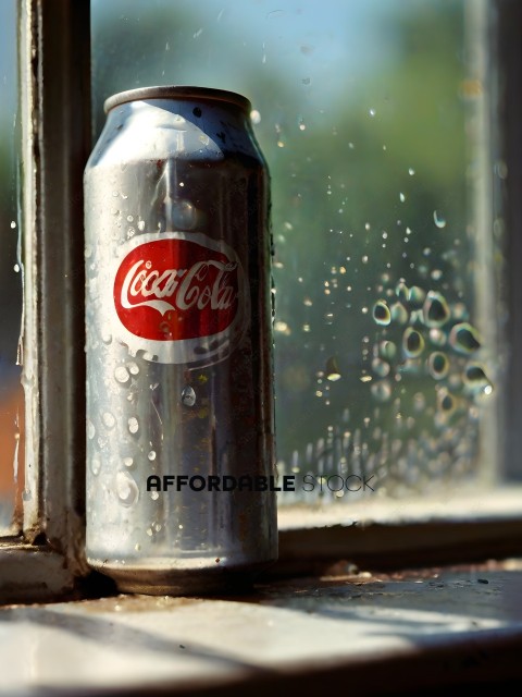 A can of Coca Cola sits on a windowsill