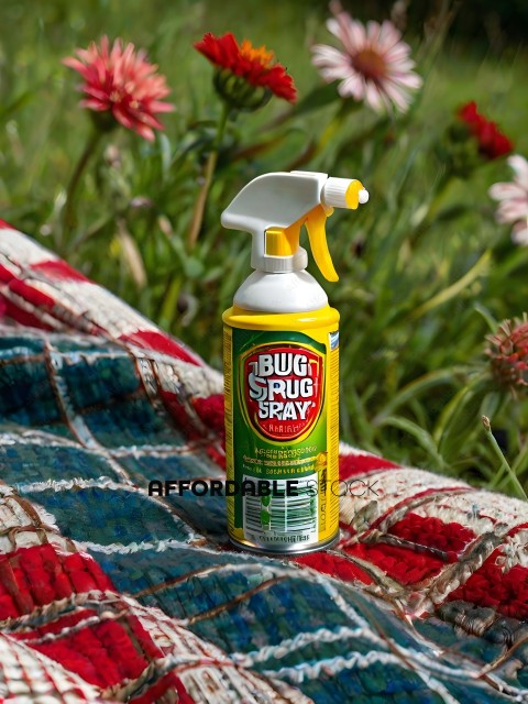 A bottle of Bug-Off spray on a blanket