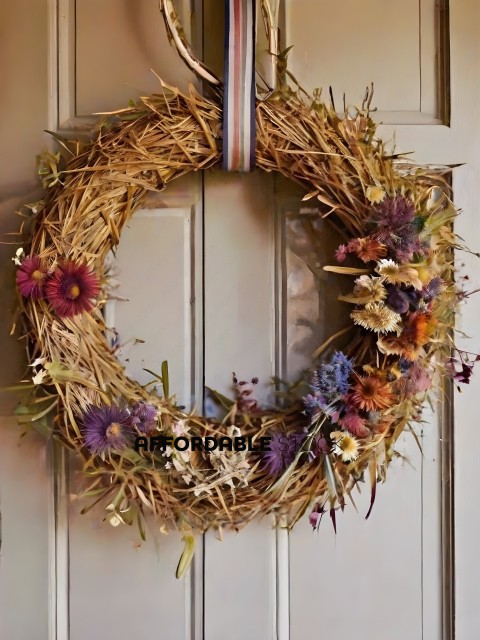 A wreath made of straw, flowers, and other natural elements