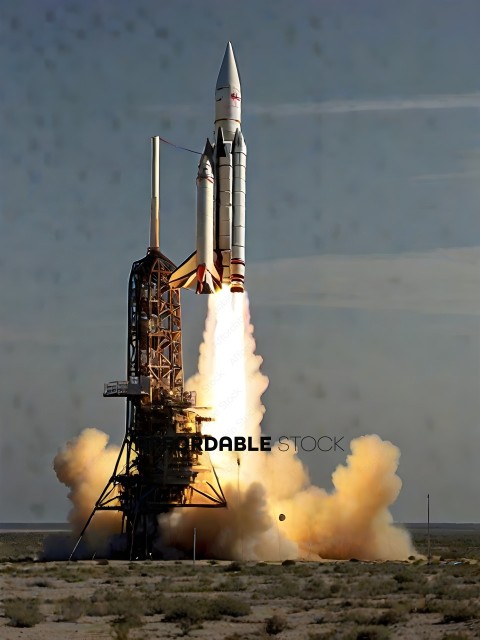 A rocket launches from a launchpad