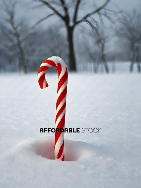 A red and white striped candy cane in the snow
