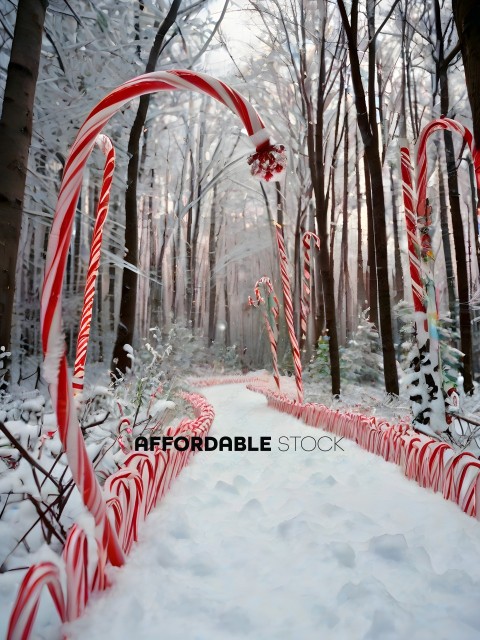 A snowy pathway with red and white striped candy canes