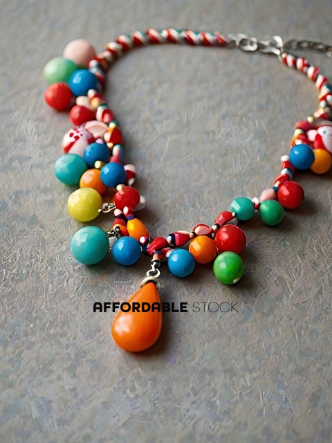 A colorful necklace with a red, orange, and green bead