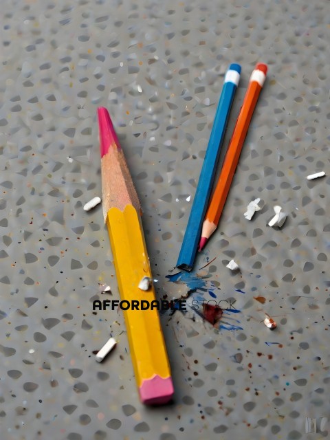 A yellow and a blue pencil laying on a table with a few white pencil shavings