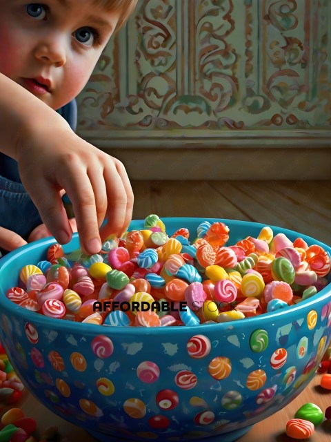A child is reaching into a bowl of colorful candies