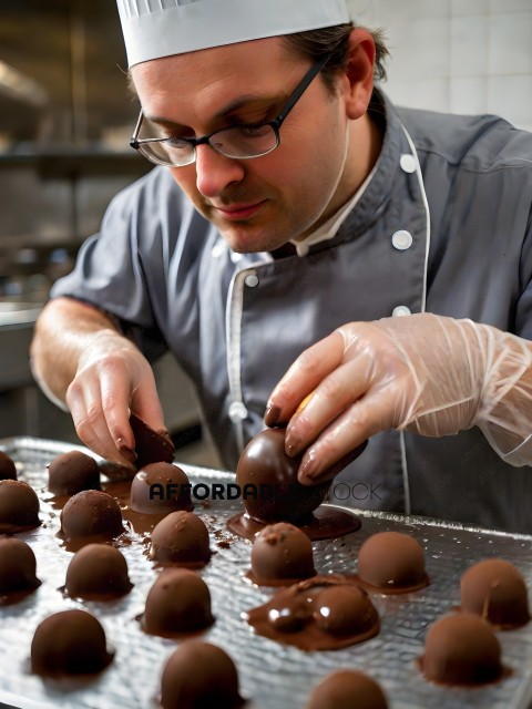 A man in a kitchen making chocolate truffles