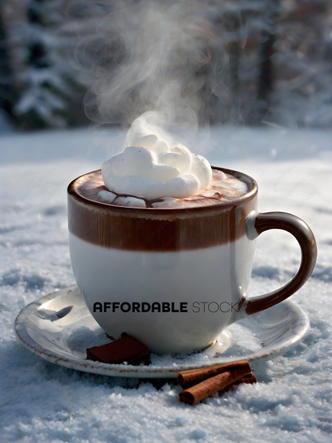 A cup of hot chocolate with whipped cream on a snowy day
