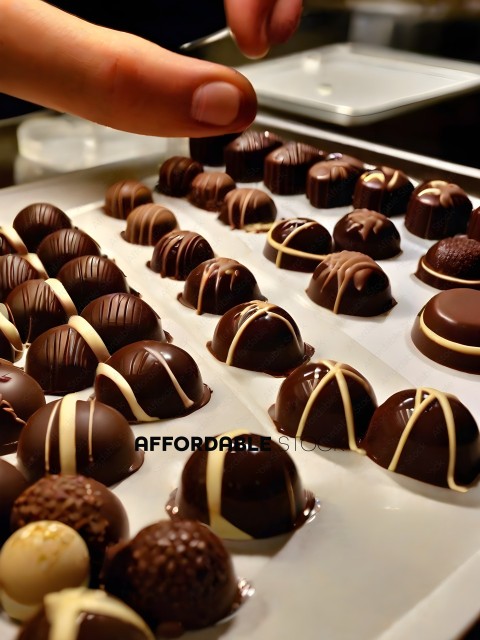 A tray of chocolate truffles with a hand reaching for one
