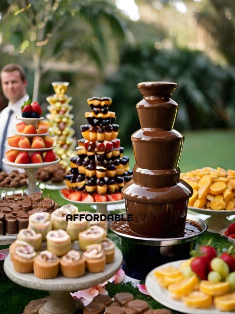 A man standing next to a table full of desserts