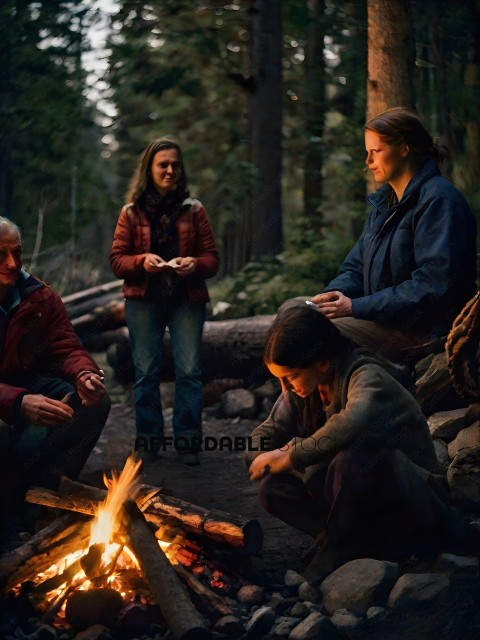A family of four sitting around a fire