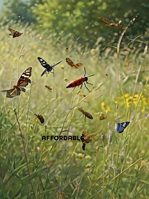 Butterflies and a beetle in a field