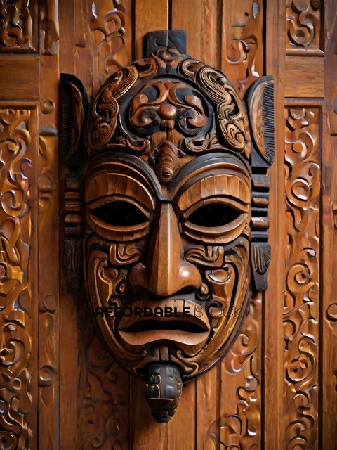 Wooden mask with intricate carvings on door
