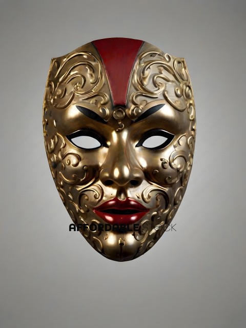A gold mask with red accents