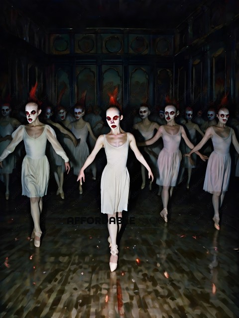 A group of dancers wearing white dresses with red makeup on their faces