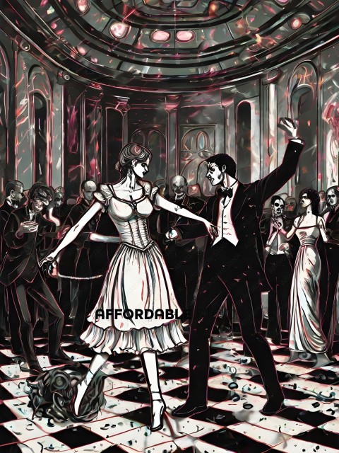 A black and white drawing of a man and woman dancing