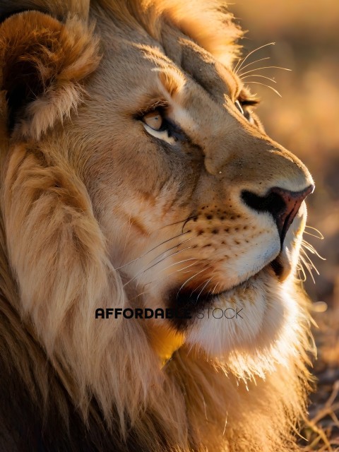 A lion with a long mane staring into the camera