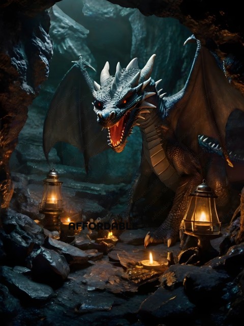 A dragon statue with a glowing mouth