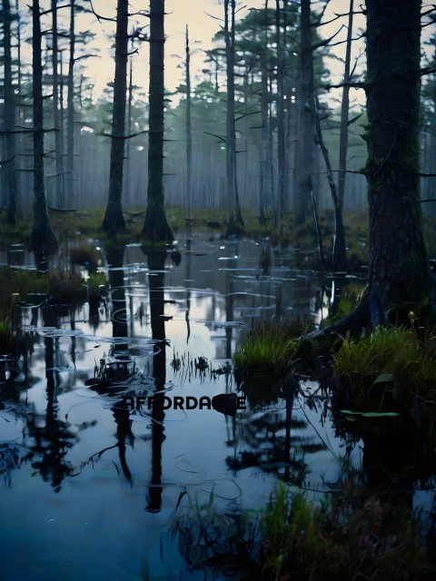 A swampy area with trees and water