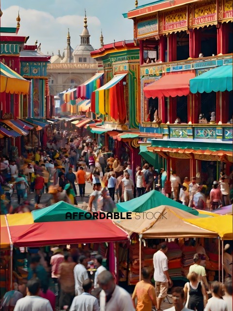 People shopping in a colorful marketplace