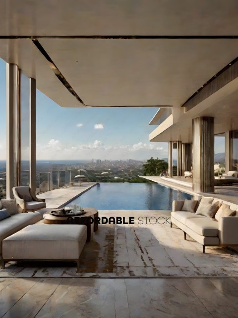 A luxurious living room with a pool and city view