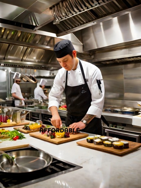 A chef preparing food in a kitchen