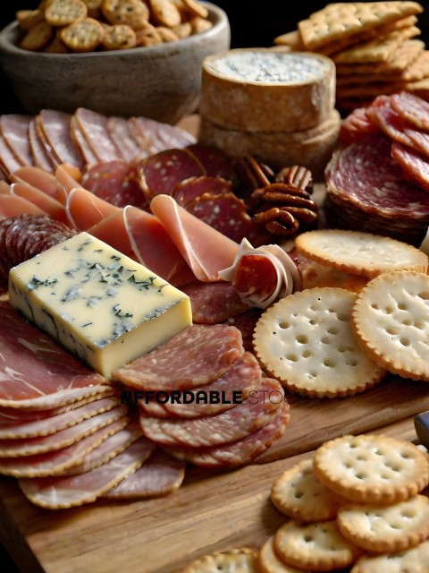 A variety of meats and cheese on a cutting board