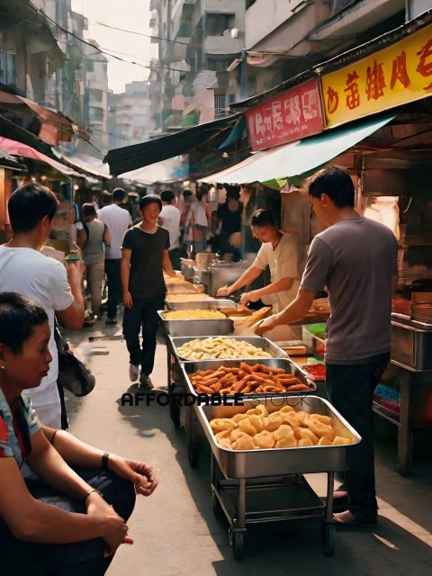 People in an Asian market buying food