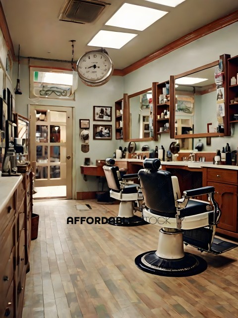 Barber Shop with Clock and Mirrors