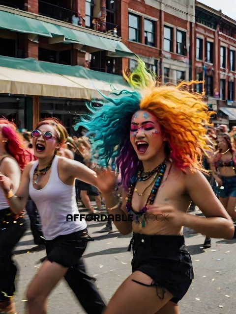 Two women with colorful hair and clothes run through a parade