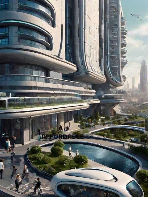 A futuristic city with a large building and a pool of water