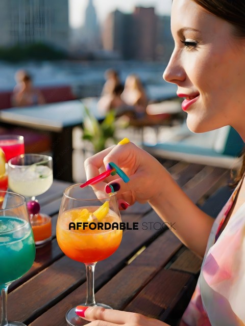 A woman in a colorful shirt is drinking a colorful cocktail