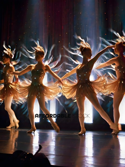 Four ballerinas in gold dresses with wings
