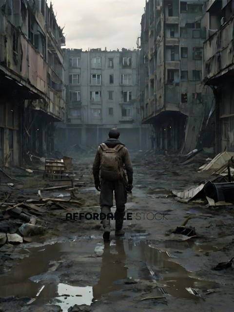 A man walking through a destroyed city