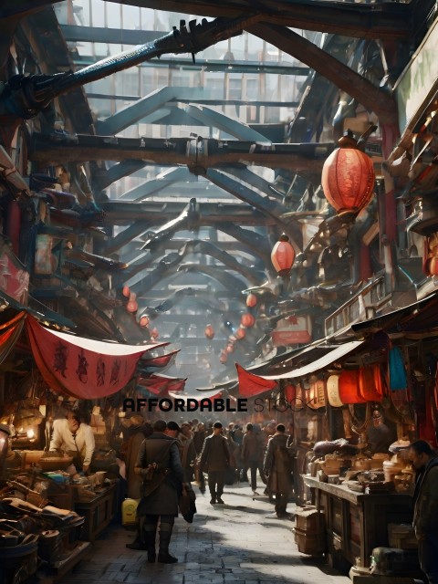 People walking through a marketplace with red lanterns