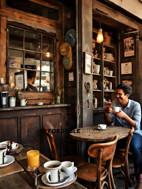A man in a blue shirt drinking coffee in a restaurant