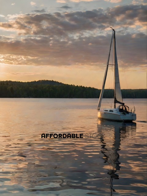 A sailboat sits in the water at sunset