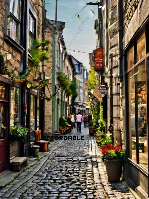 A narrow alleyway with a cobblestone street and a few people walking