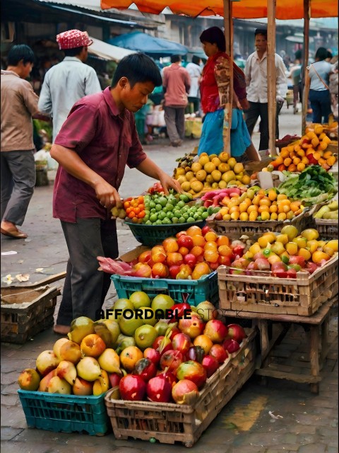 A young man selling fruit at an outdoor market