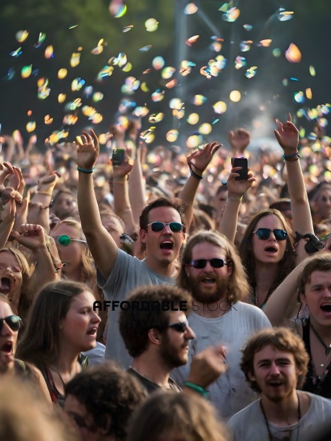 A group of people are at a concert and are enjoying the music and the bubbles